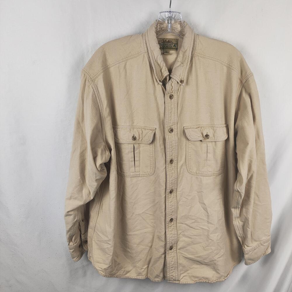 Cabela's Shirt Mens Large Beige Chamois Flannel Button Front Double Pockets